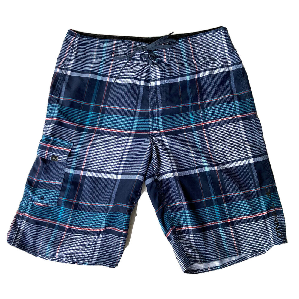 O’Neill Mens Swim Board Shorts Trunks Sz 32 Blue Plaid Pockets Summer Beach Surf